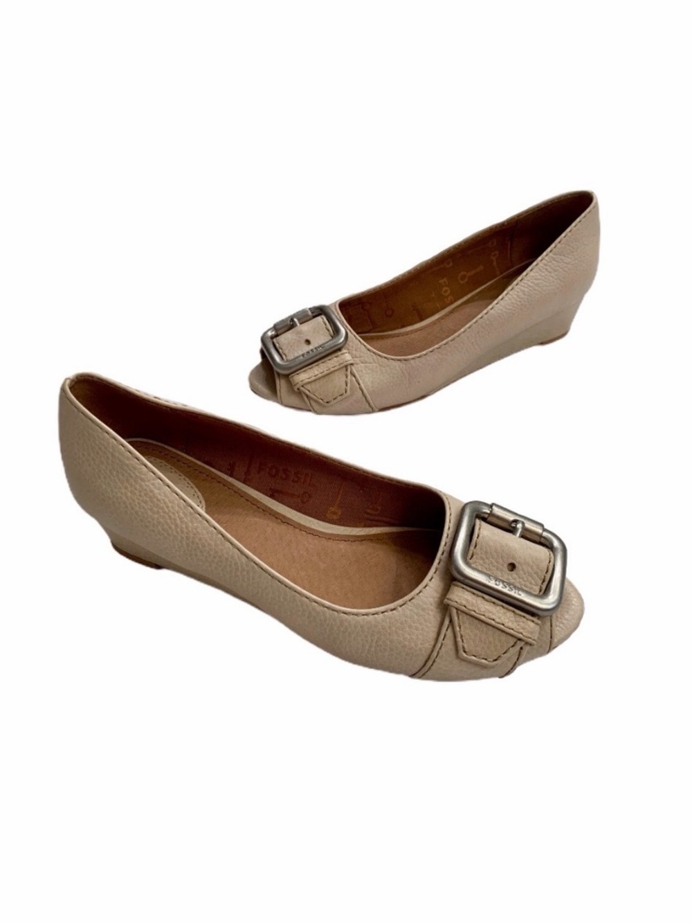 Fossil Cream Peep Toe Buckle Wedges Size 7